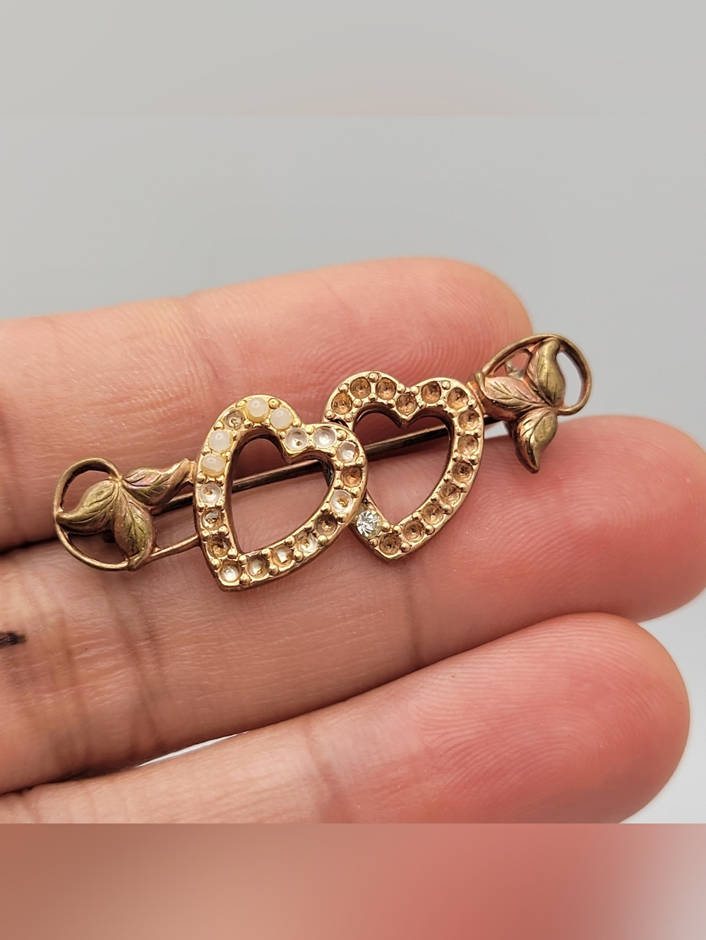Vintage Double Heart Ivy Bar Brooch Gold Filled Faux Pearl Rhinestone